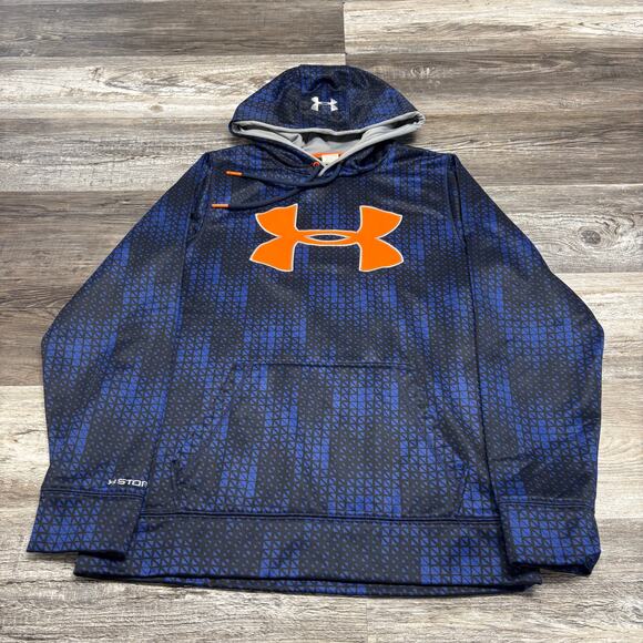 Under Armour Storm Blue Orange Mens S Loose Geometric Big Logo Pullover Hoodie - Picture 1 of 8